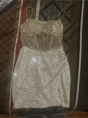 Jovani Champagne-gold Embellished Sequin Nude Cocktail Dress with Sheer Bodice